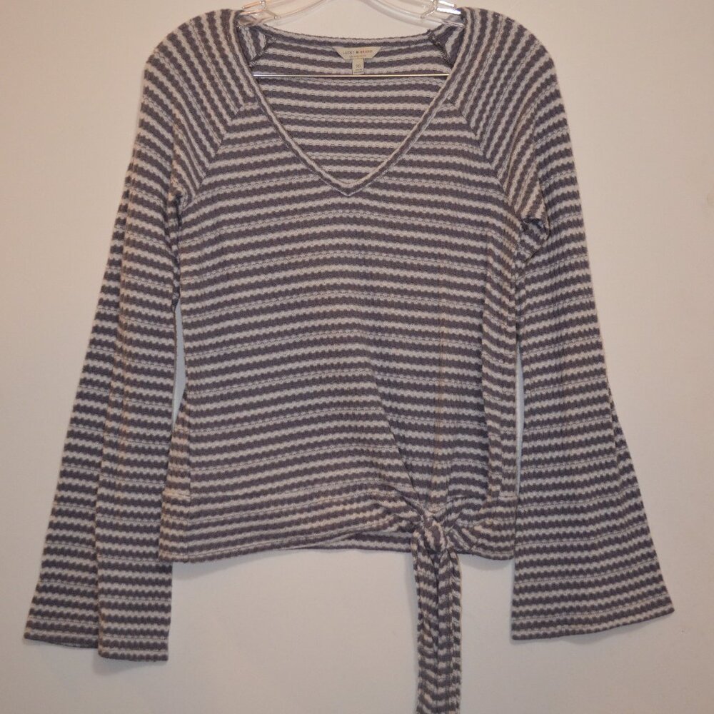 Lucky Brand Los Angeles Knit V-Neck Fit & Flare Long Sleeves Tie-Waist Top XS